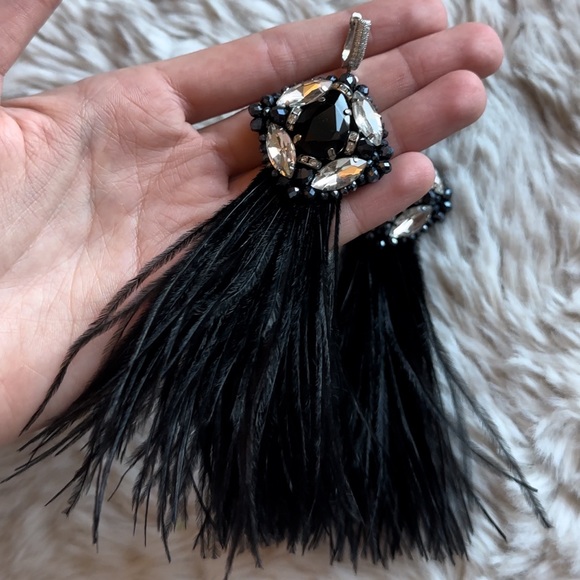 NEW Luxury Feather Earrings Black Silver Rhinestones Limited Chrystal Drop - Picture 3 of 8